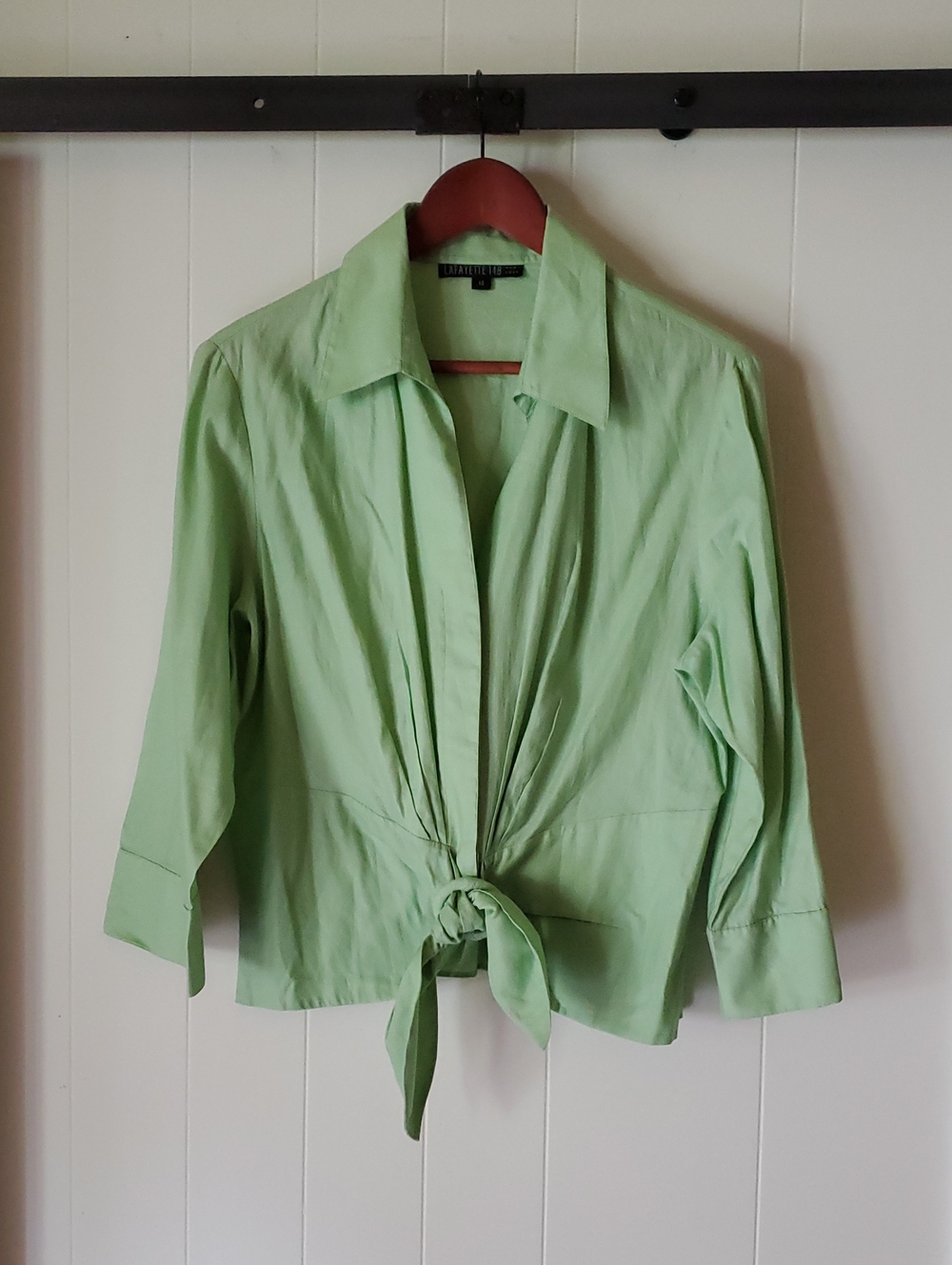 Lafayette 148 New York Buckle Tie Front Green Top Size 14
